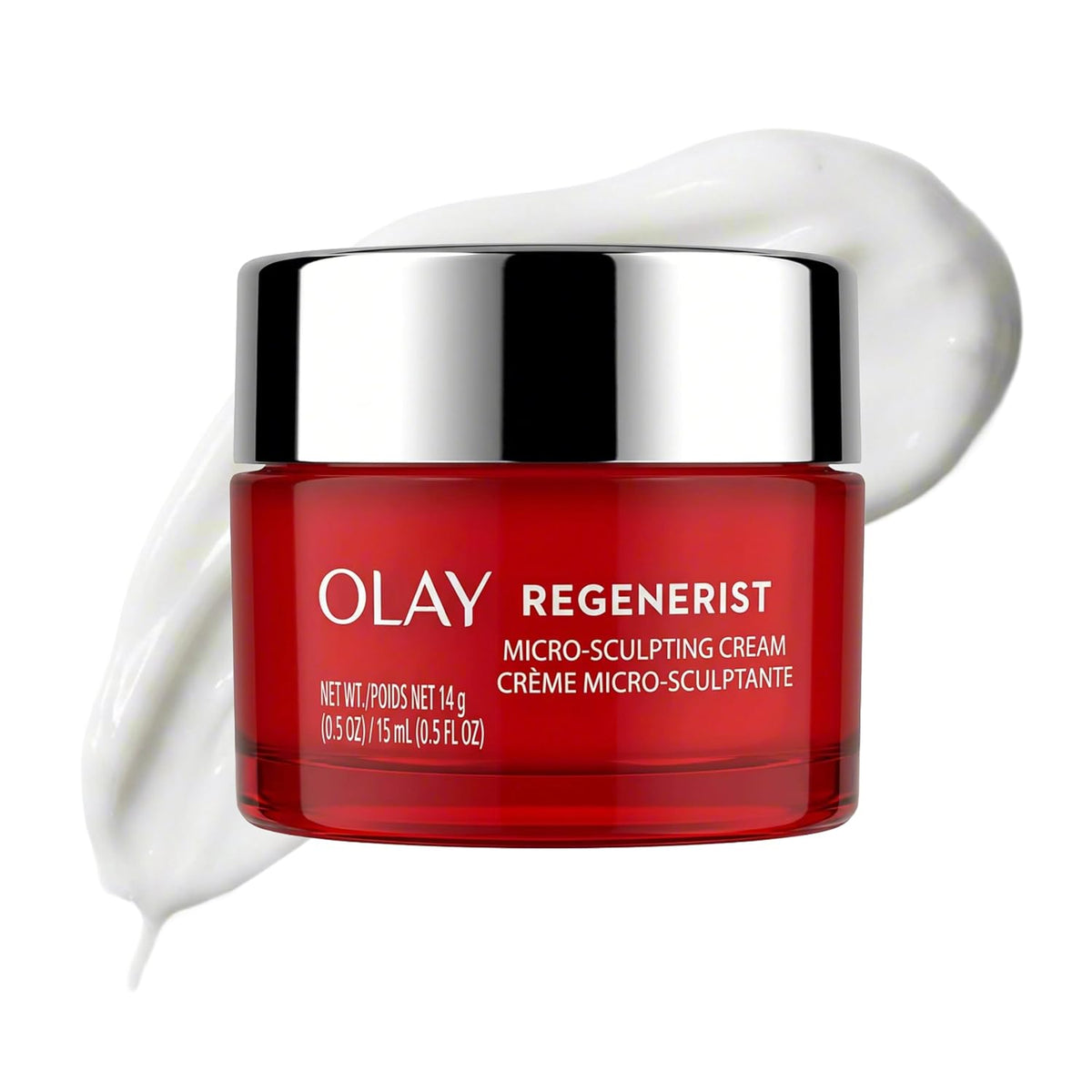 Olay Regenerist Micro-Sculpting Cream in a red jar with a reflective silver lid, shown with a swirl of white cream behind it on a white background.