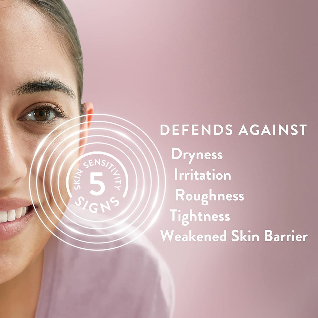 Woman's face with skincare product text on a pink background