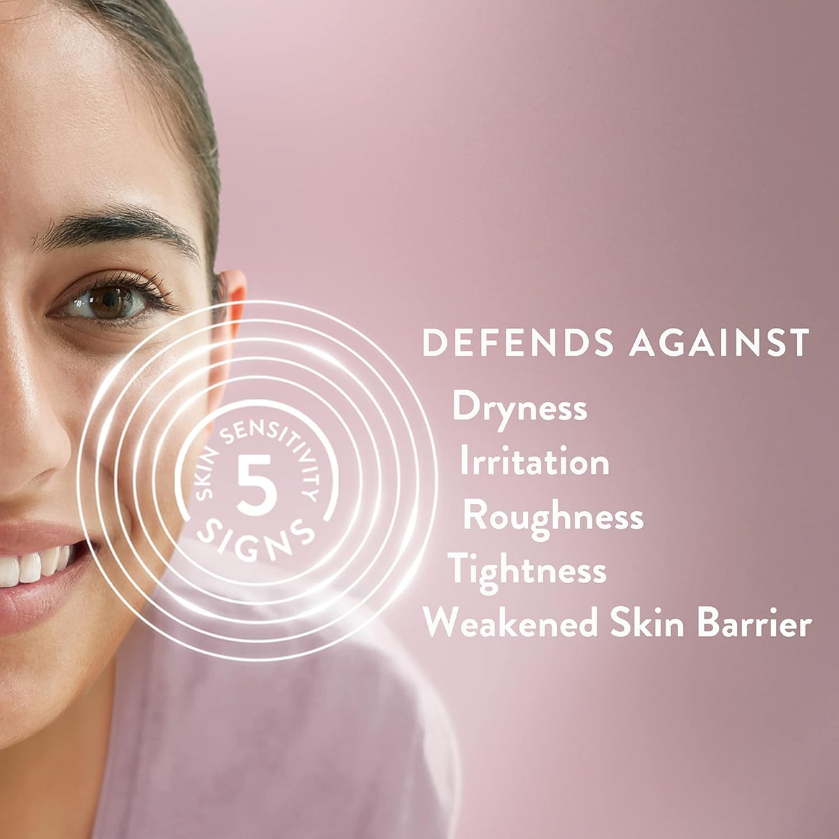 Woman's face with skincare product text on a pink background