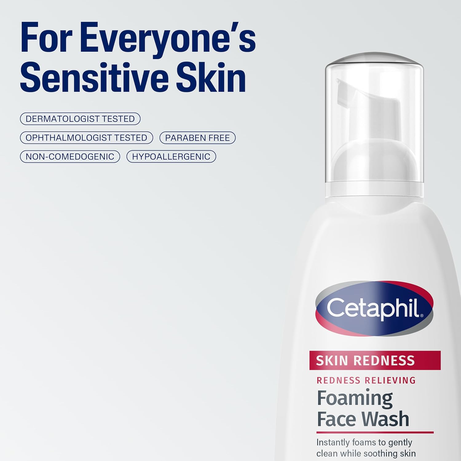 Cetaphil Skin Redness Foaming Face Wash bottle on a light gray background with product features listed.