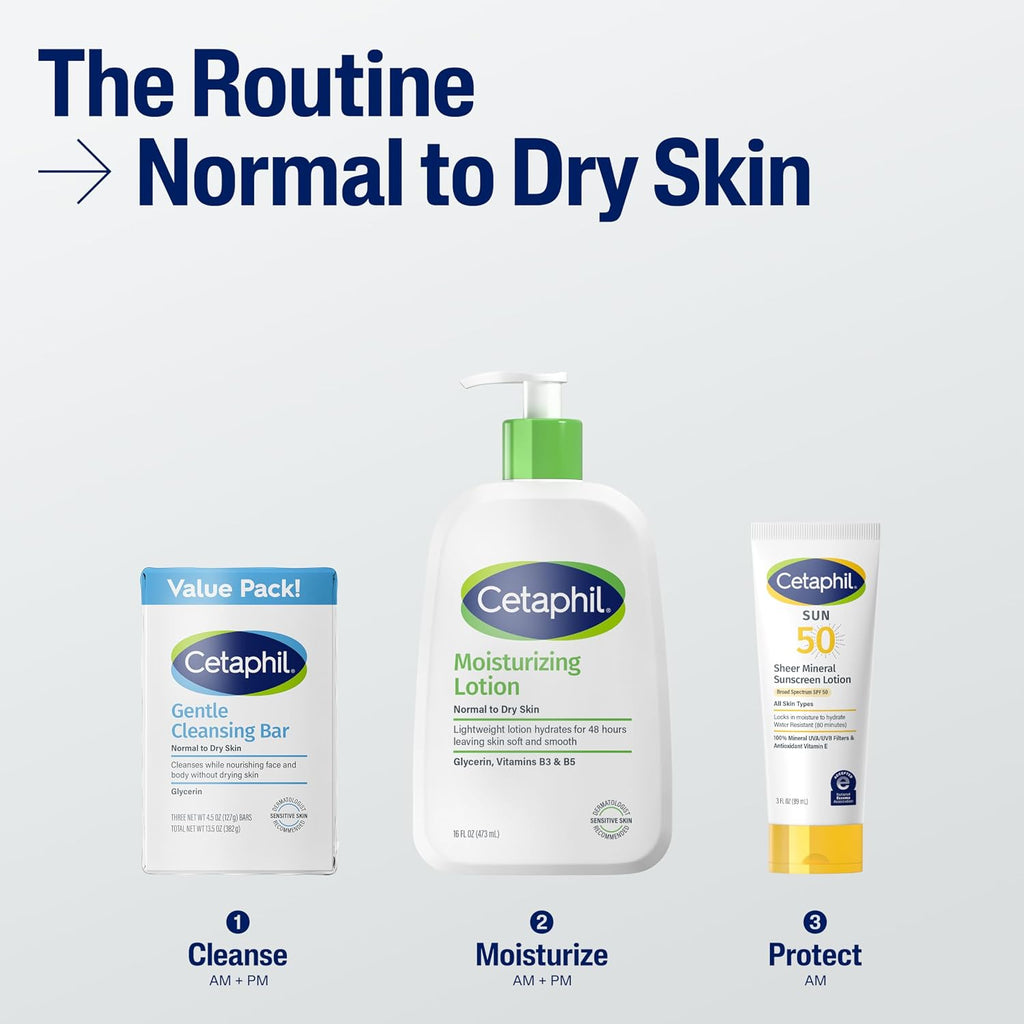 Cetaphil skincare products for normal to dry skin on a white background