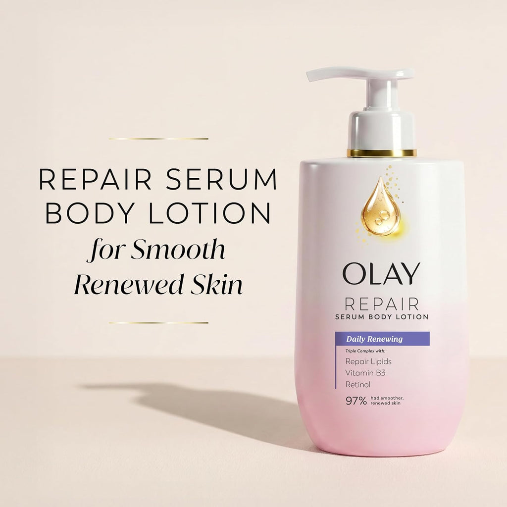 Olay Repair Serum Body Lotion in a white pump bottle with a soft pink base, shown on a warm beige background with promotional text.