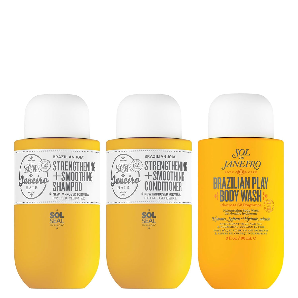 Sol de Janeiro | Brazilian Play Moisturizing Body Wash & Brazilian Joia Damage Repairing Shampoo and Conditioner Set — 22.94 fl oz Total