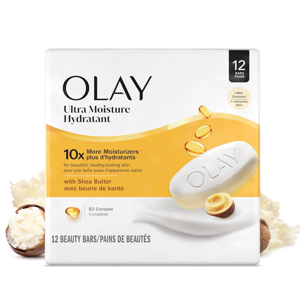 Olay Ultra Moisture hydrating soap bar packaging on a white background
