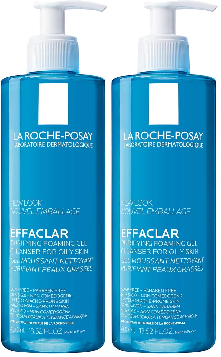 Two blue La Roche-Posay Effaclara Purifying Foaming Gel Cleanser bottles side by side on a white background.