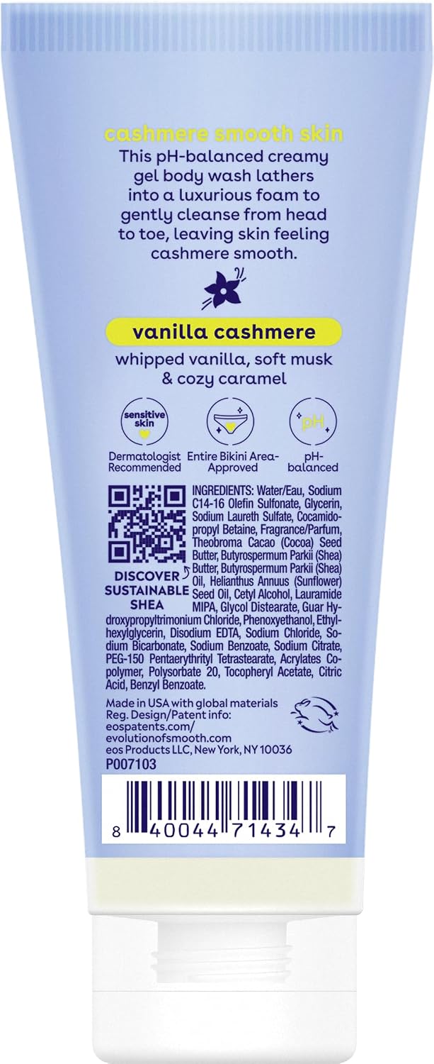 The back of a Pores & Peels brand vanilla cashmere whipped body wash tube, showing product details, ingredients, and a barcode on a white background.