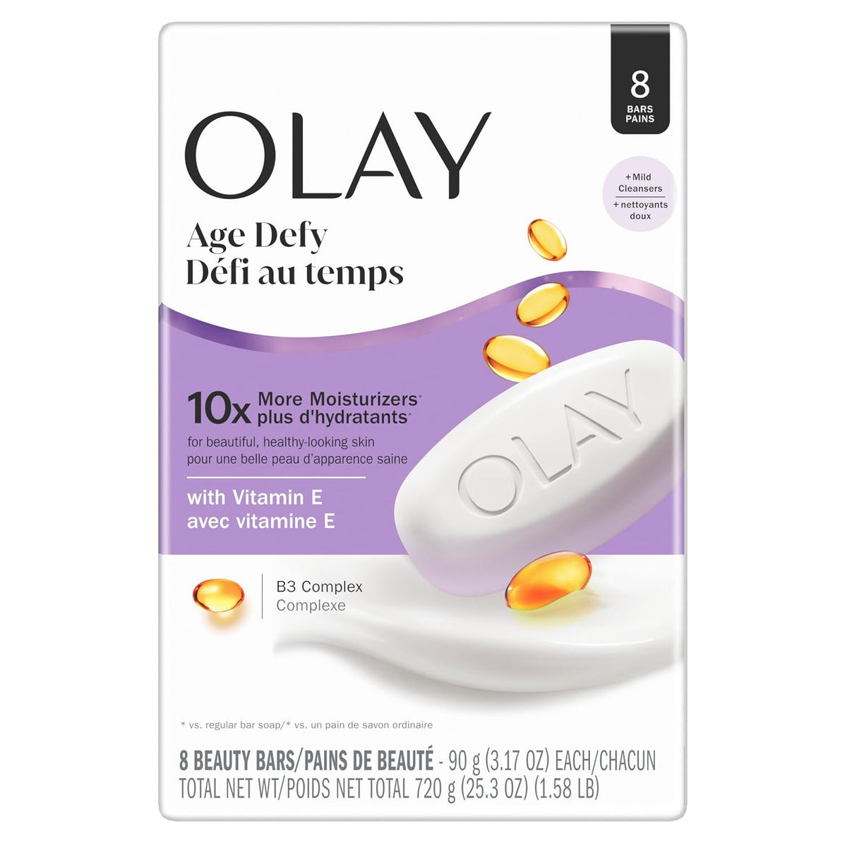 Front-facing Olay Age Defy Vitamin E skincare box showing 6 beauty bars, with a white bar of soap, a gold droplet icon, and a small amber oil drop on a clean white background.
