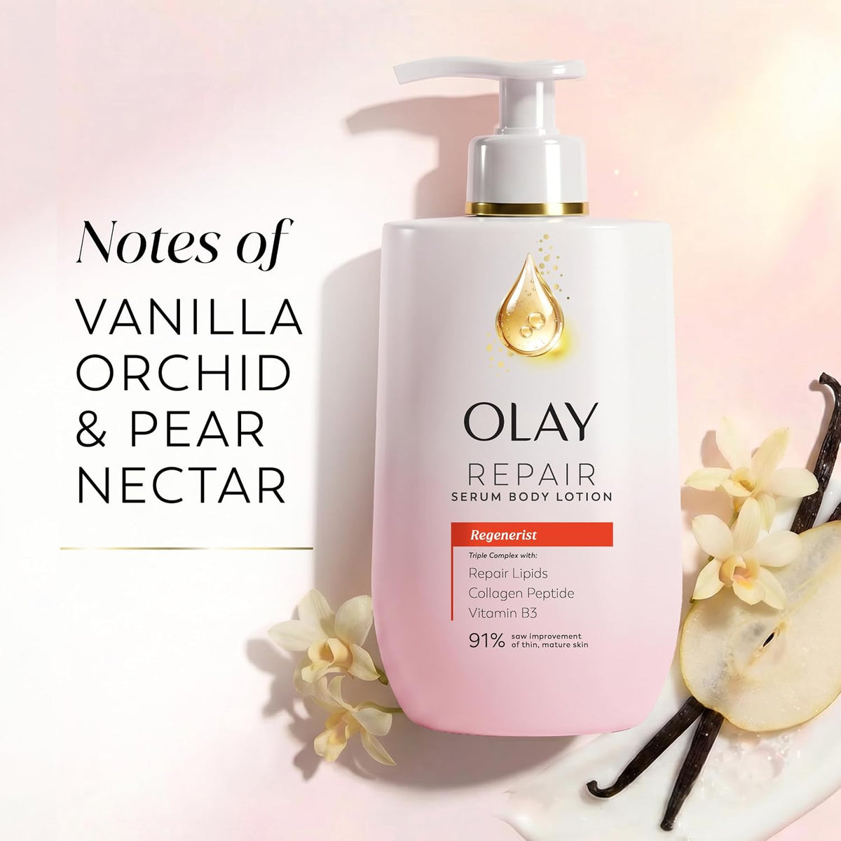 Olay Repair Serum Body Lotion in a white pump bottle with a gold droplet logo and pink gradient base, styled with vanilla orchid flowers, vanilla beans, and a sliced pear on a soft pink background. Text on the left reads 'Notes of Vanilla Orchid & Pear Nectar'.