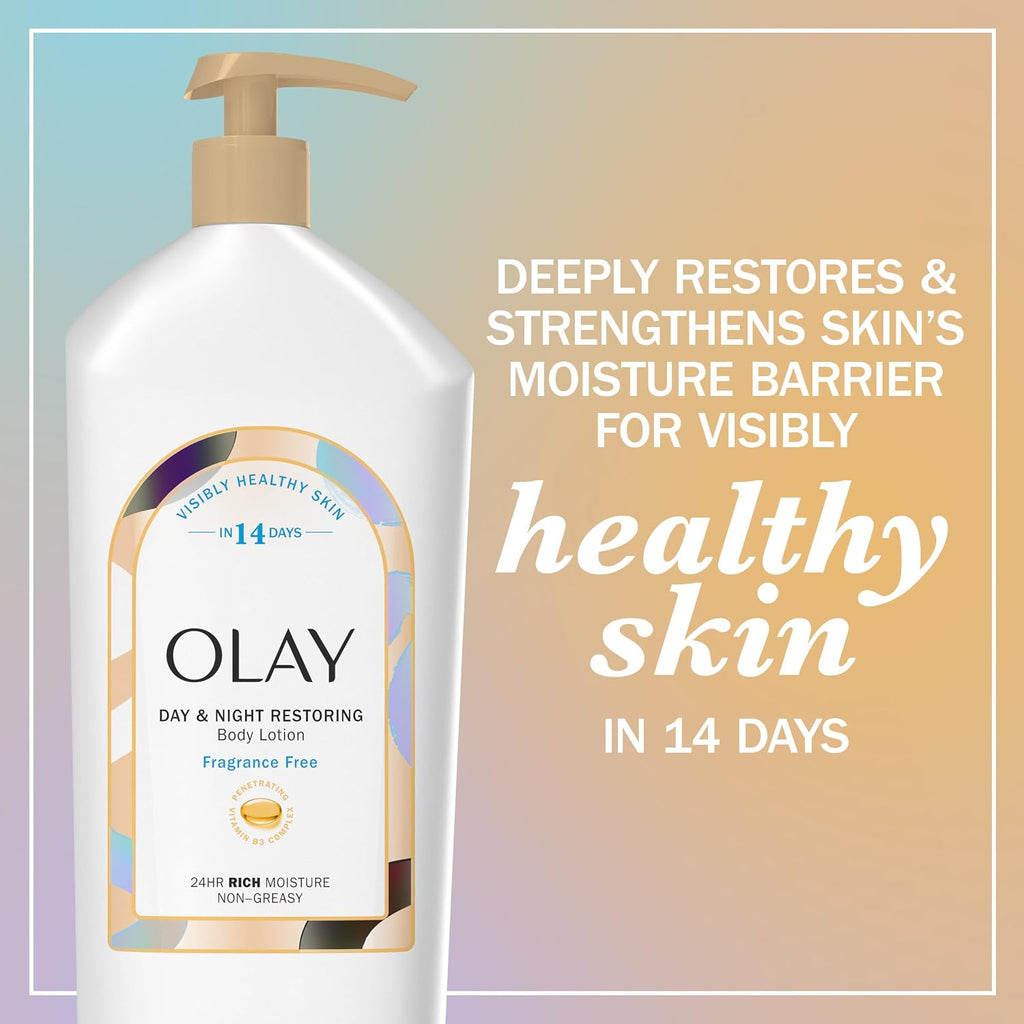 Olay Day & Night Restoring Body Lotion bottle with promotional text on a gradient background
