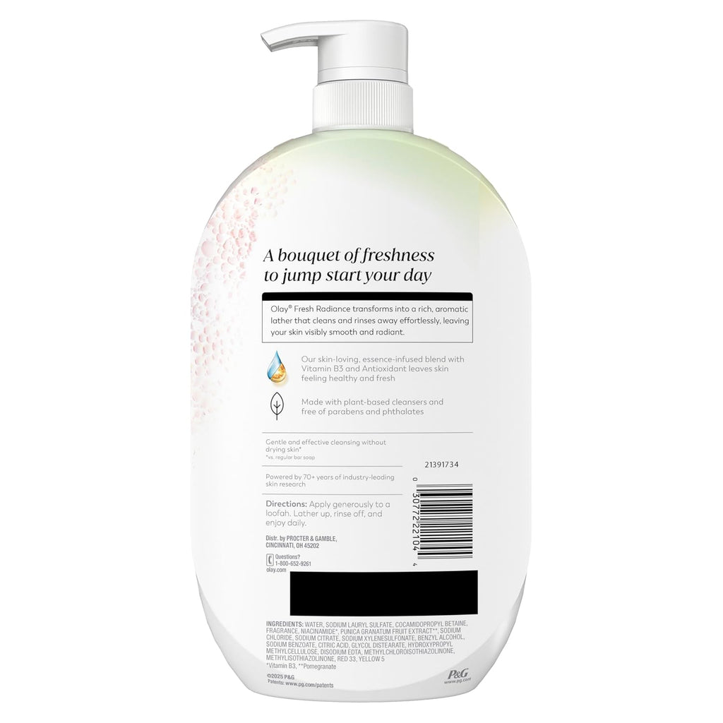 The back of a large white pump bottle of FIC Procter & Gamble Fresh & Clean body wash, showing the product's back label with text and a barcode on a white background.