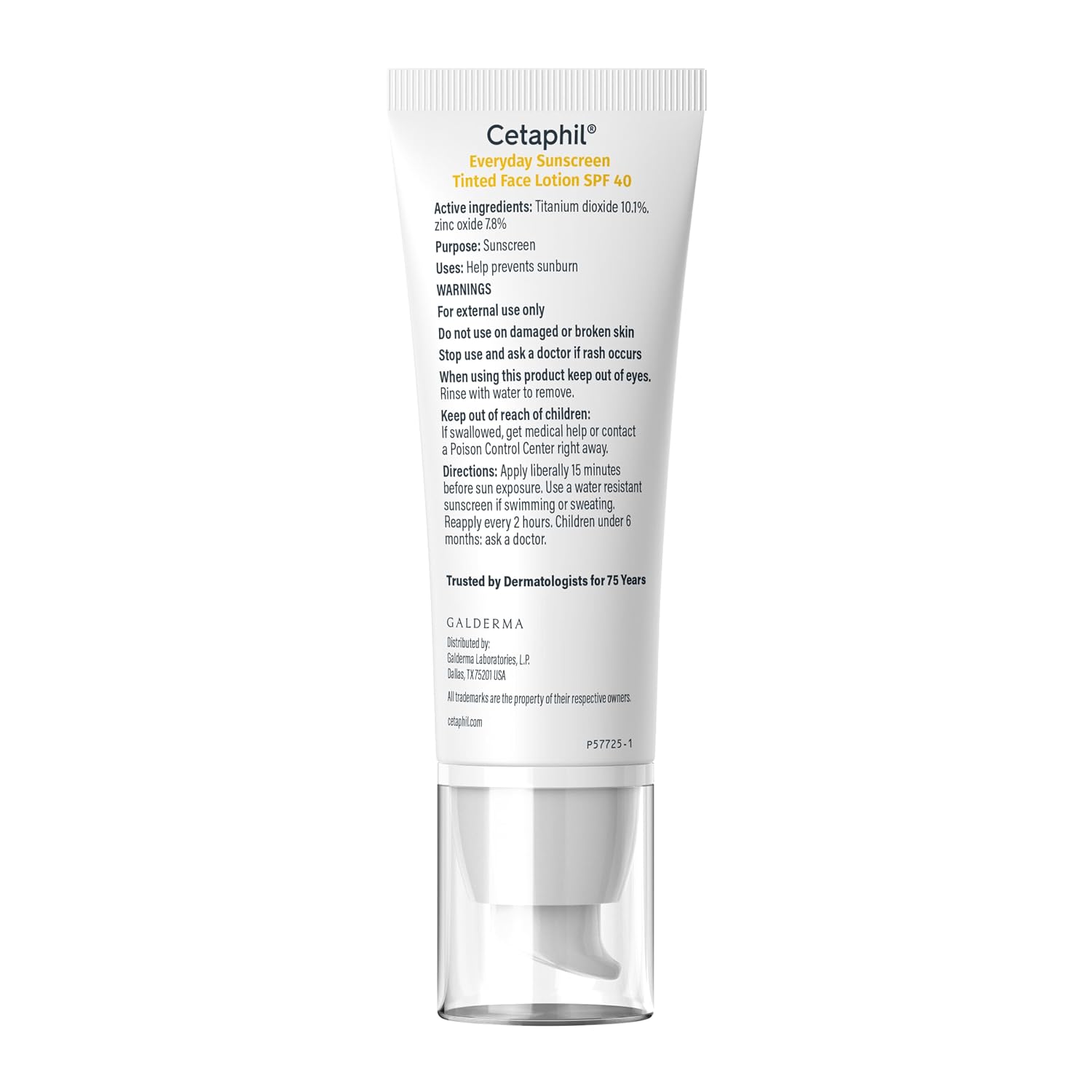 A white tube of Cetaphil Titanium Sunscreen Tinted Face Lotion SPF 40 with a clear cap, shown on a plain white background.