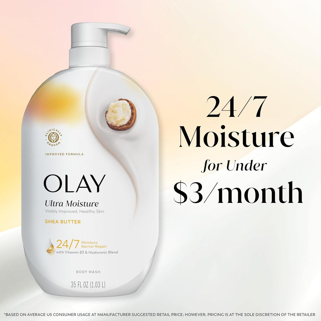 Olay Ultra Moisture bottle with promotional text on a gradient background