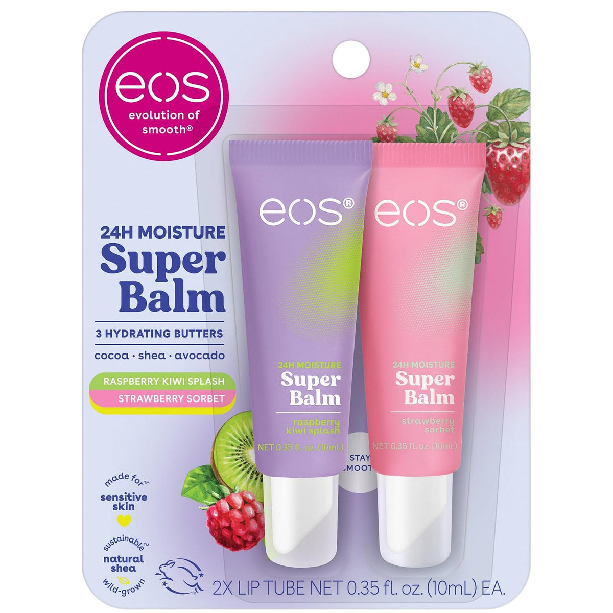 A retail package of two EOS Super Balm lip tubes, Raspberry Kiwi Splash and Strawberry Sorbet flavors, in a blister pack with a strawberry and kiwi graphic background.