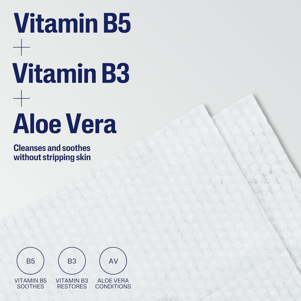 Text detailing Vitamin B5, Vitamin B3, and Aloe Vera with a close-up of textured white paper.