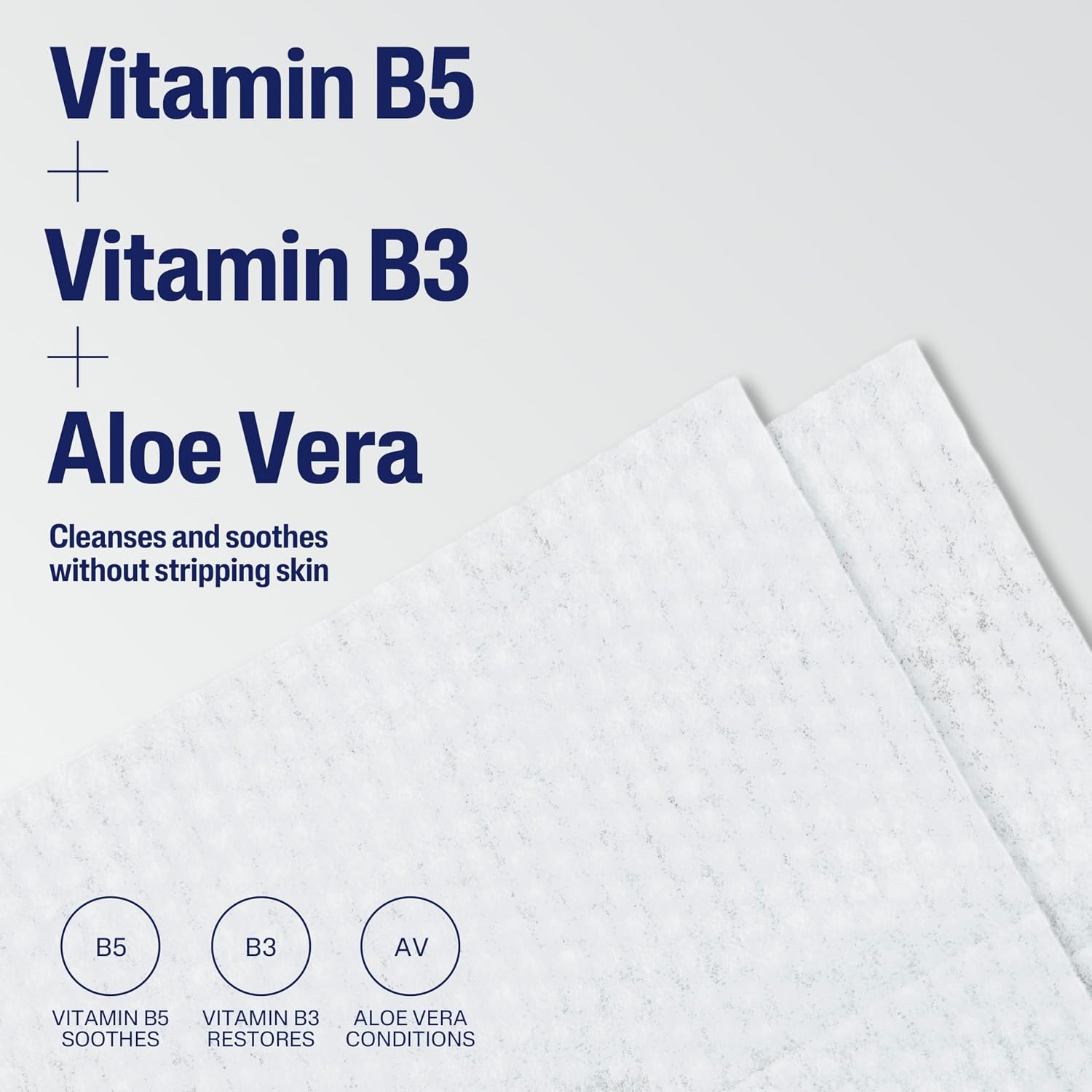 Text detailing Vitamin B5, Vitamin B3, and Aloe Vera with a close-up of textured white paper.