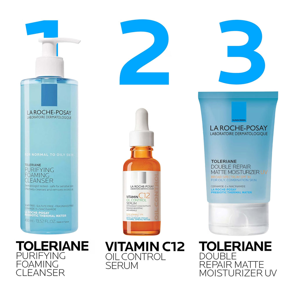 Three La Roche-Posay skincare products with labels and product names.