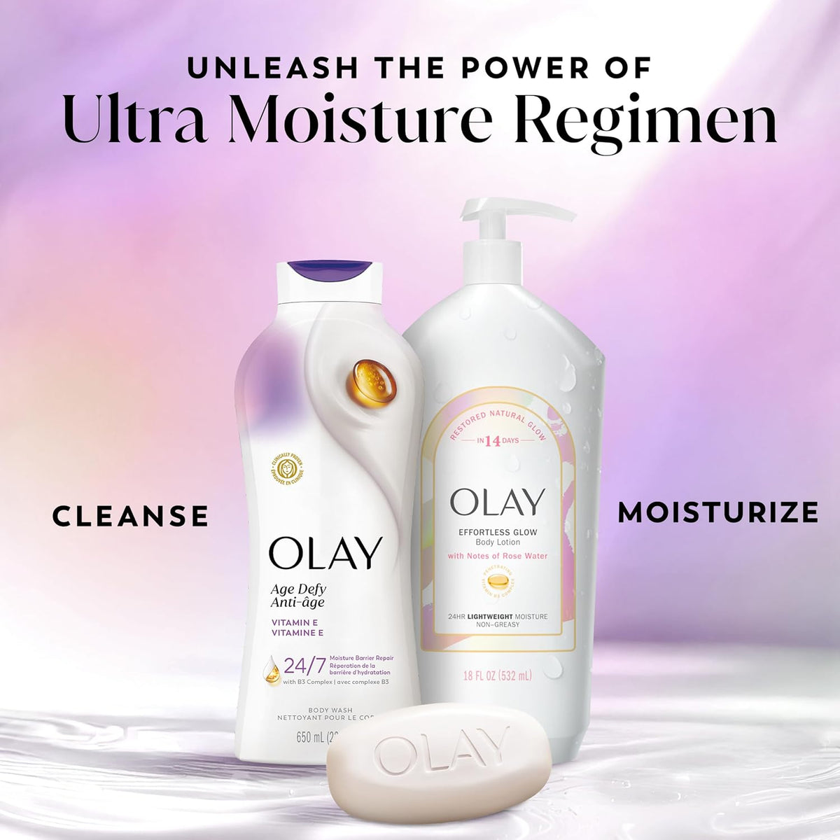 Front-facing Olay Age Defy Vitamin E skincare box showing 6 beauty bars, with a white bar of soap, a gold droplet icon, and a small amber oil drop on a clean white background.
