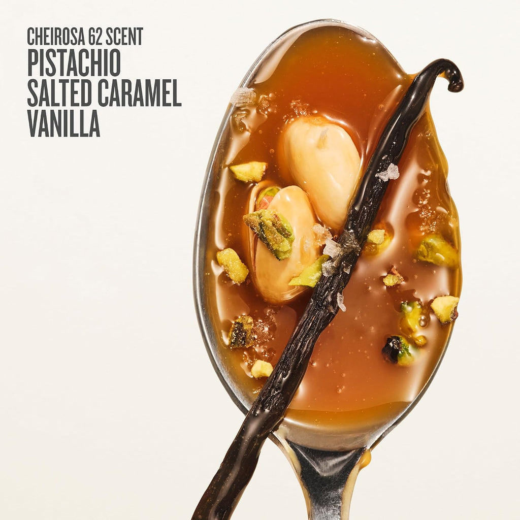 Spoon with pistachio, salted caramel, and vanilla on a white background