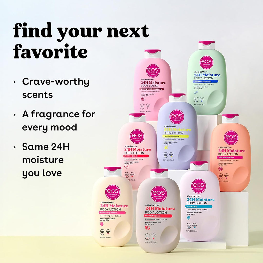 Collection of EOS body lotion bottles on a white background with promotional text.