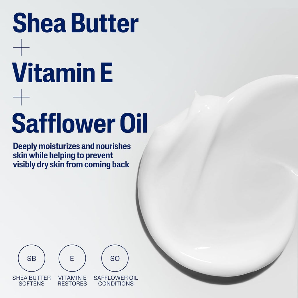 Shea Butter + Vitamin E + Safflower Oil product with benefits on a light gray background