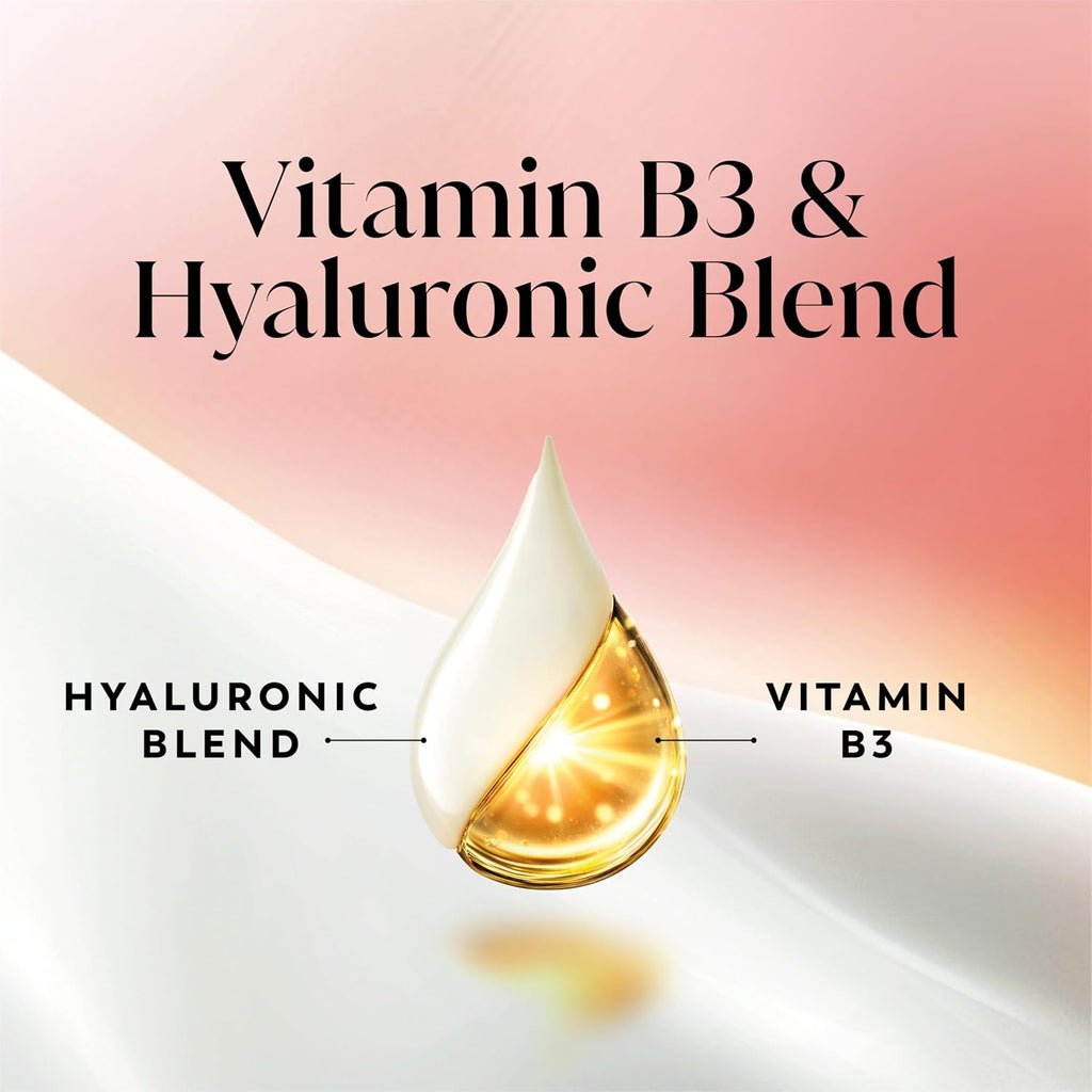 Promotional graphic for a Vitamin B3 & Hyaluronic Blend, featuring a central droplet split into white and golden-yellow halves with text labels on a soft pink-to-white background.