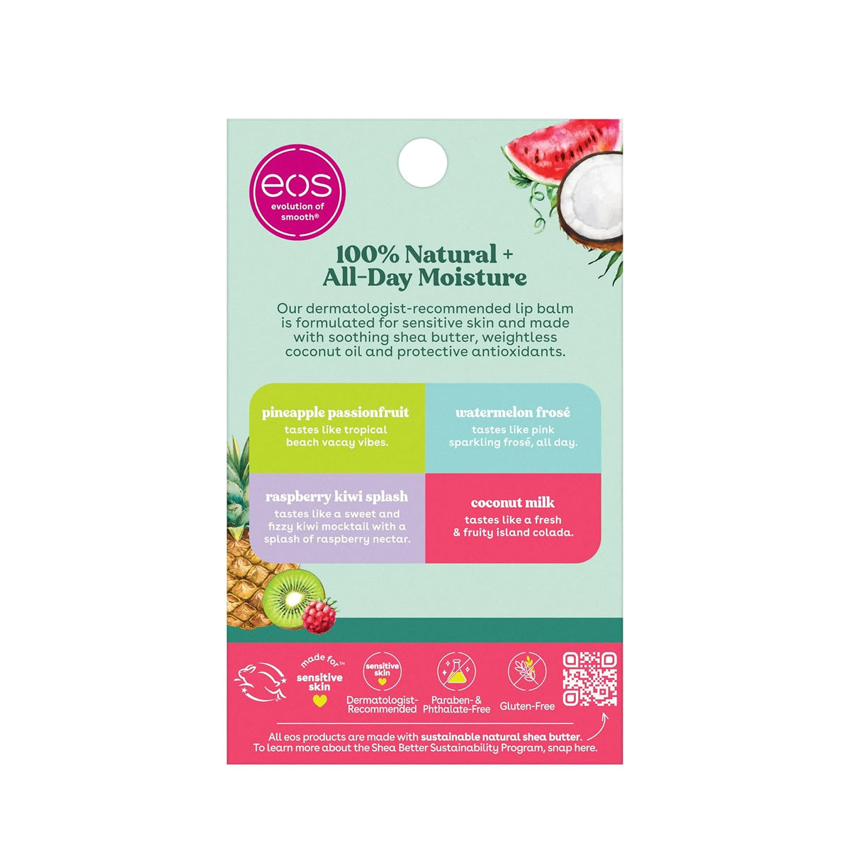 eos lip balm packaging with flavors listed on a light green background