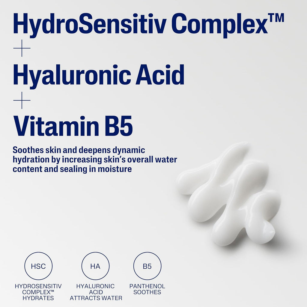 Advertisement for HydroSensitiv Complex with Hyaluronic Acid and Vitamin B5 on a white background.
