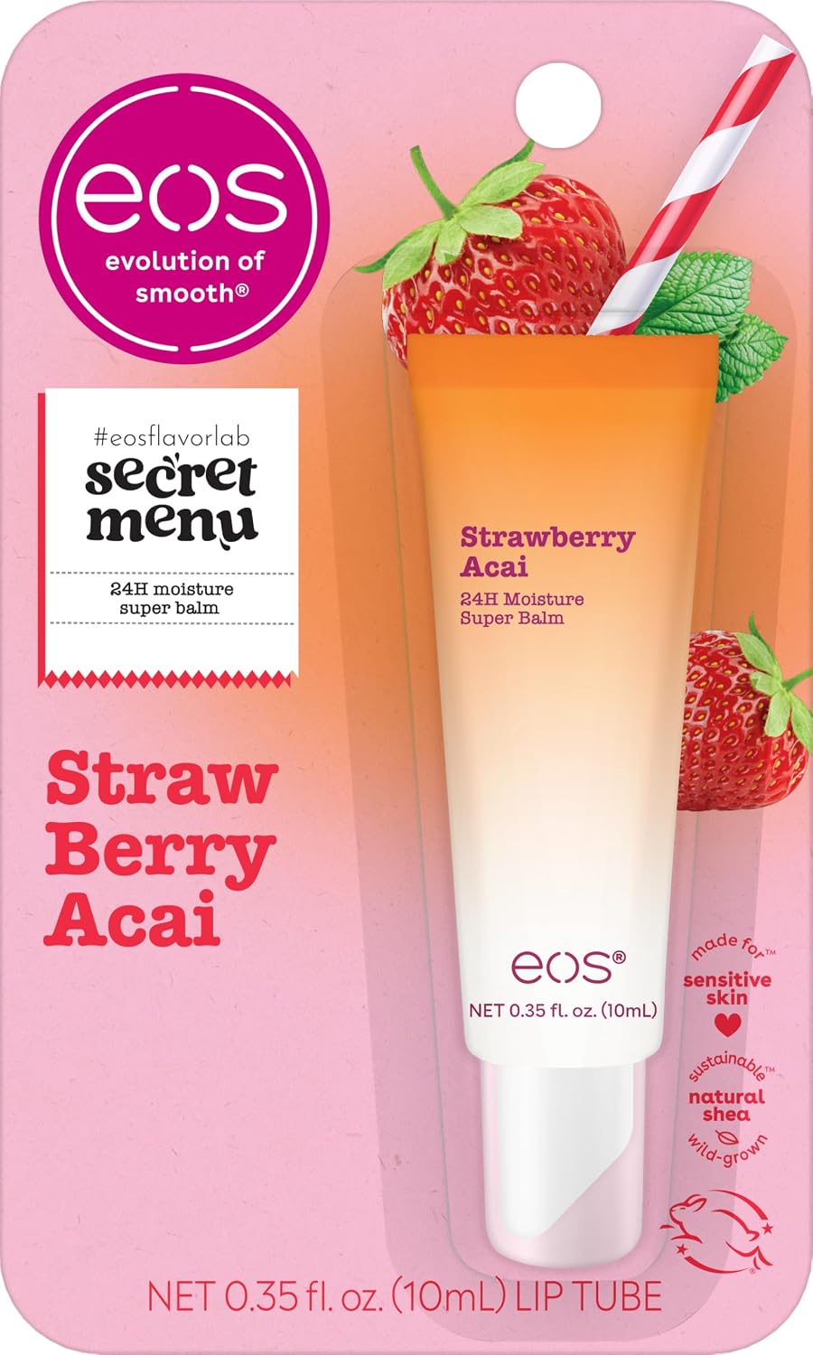 eos Strawberry Acai lip balm packaging on a pink background