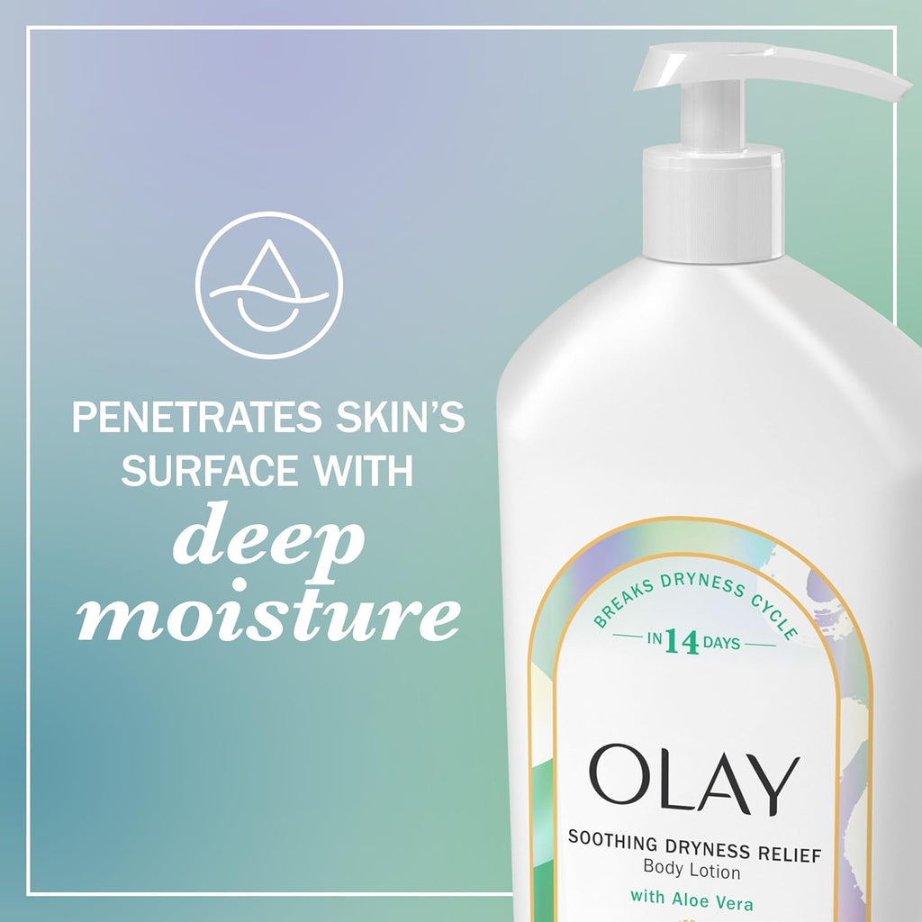 Olay body lotion bottle with text about deep moisture penetration on a gradient background