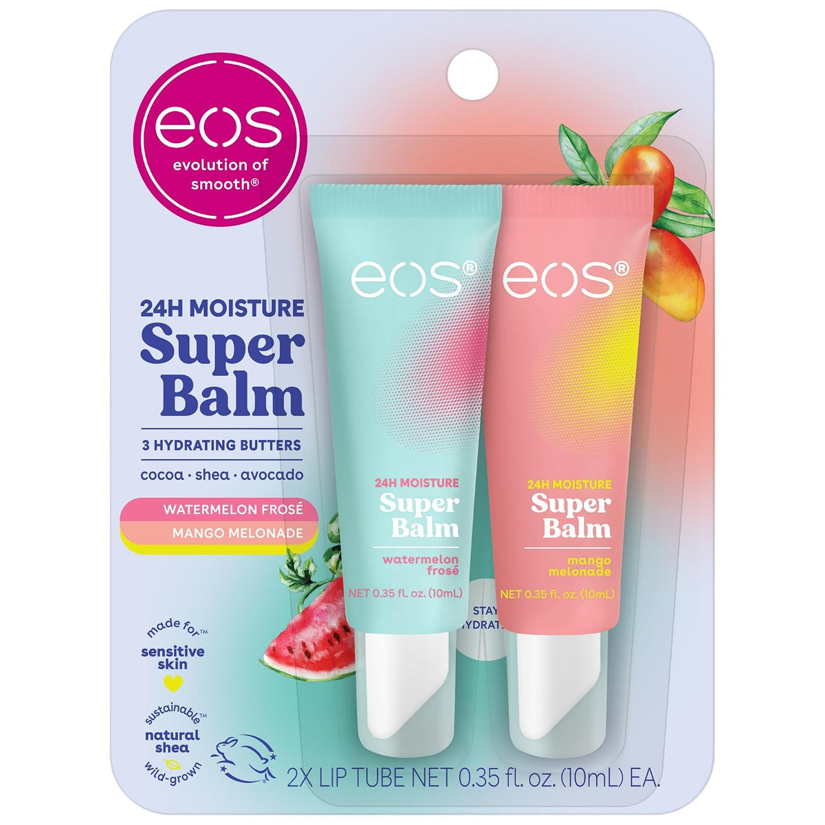 A retail package of EOS Super Balm 24H Moisture lip balm containing two tubes: one watermelon fizz in a mint green tube and one mango melonade in a coral pink tube, both with white caps, set against a white background with colorful graphics.