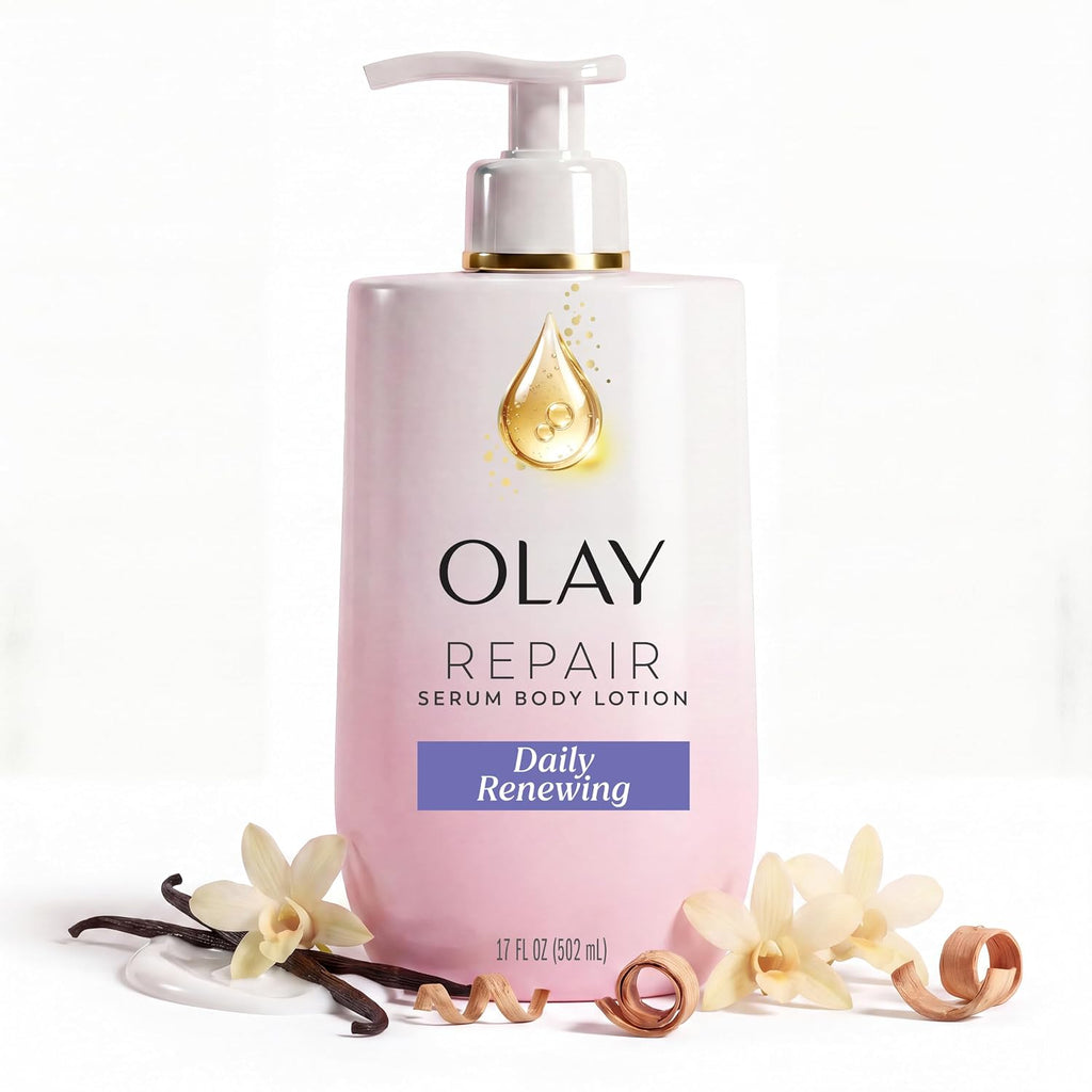 Olay Repair Serum Body Lotion in a light pink pump bottle with a gold droplet logo and a blue Daily Renewing label, styled with vanilla beans, flowers, and curls on a white background.