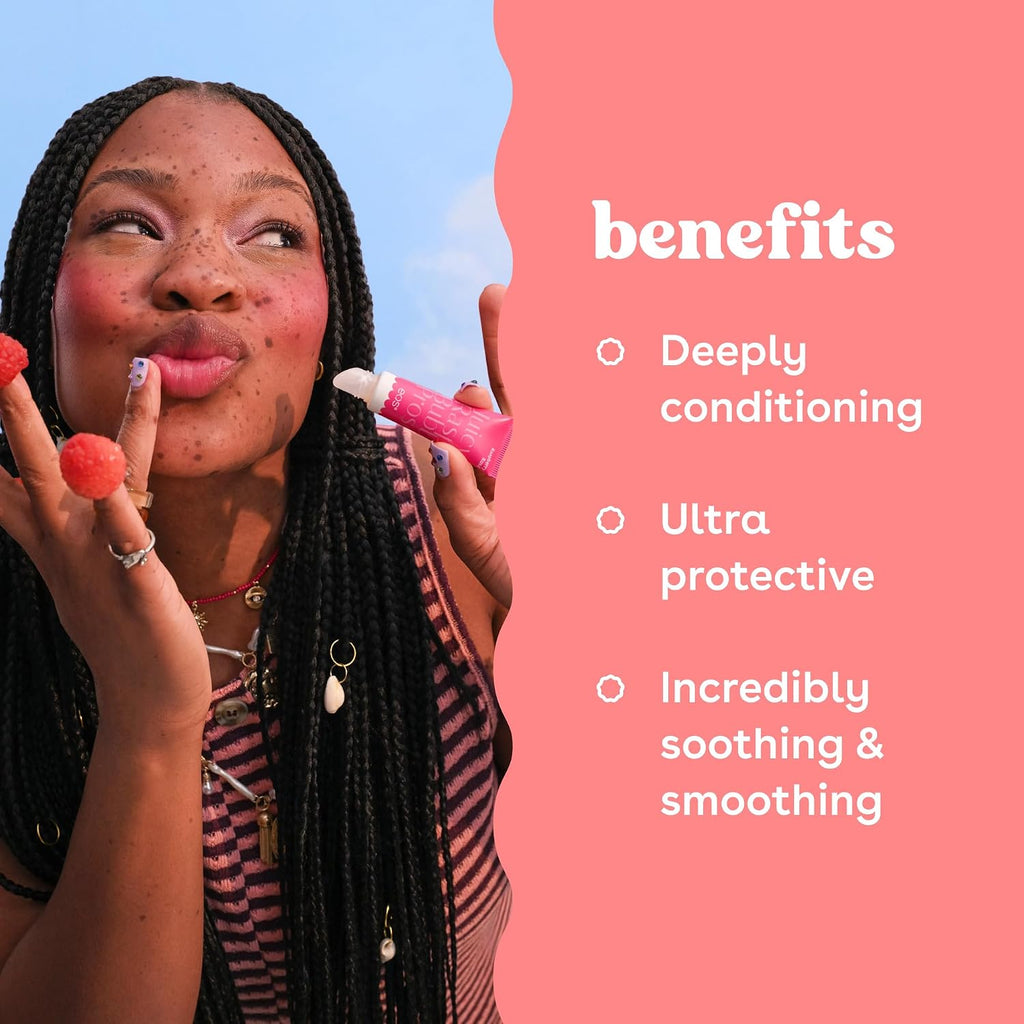 Woman with braided hair holding a product, with text listing benefits on a pink background