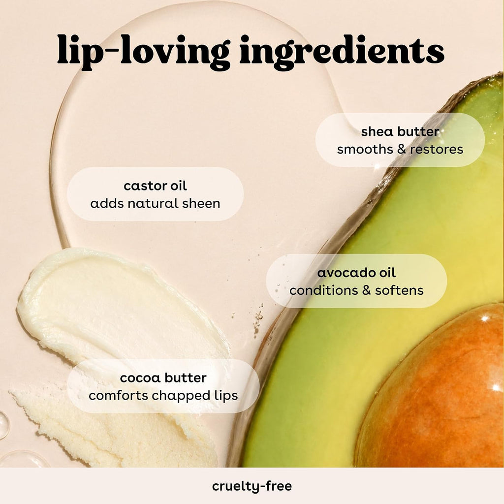 Promotional graphic for a lip product with the headline 'lip-loving ingredients' and labeled callouts for castor oil, cocoa butter, shea butter, and avocado oil, over a close-up of cream-colored product and an avocado slice.