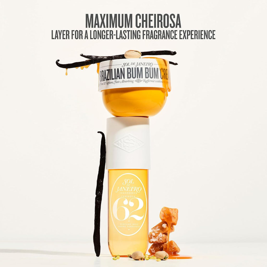 Bottle of Brazilian Bum Bum 62 with vanilla bean and other ingredients on a white background