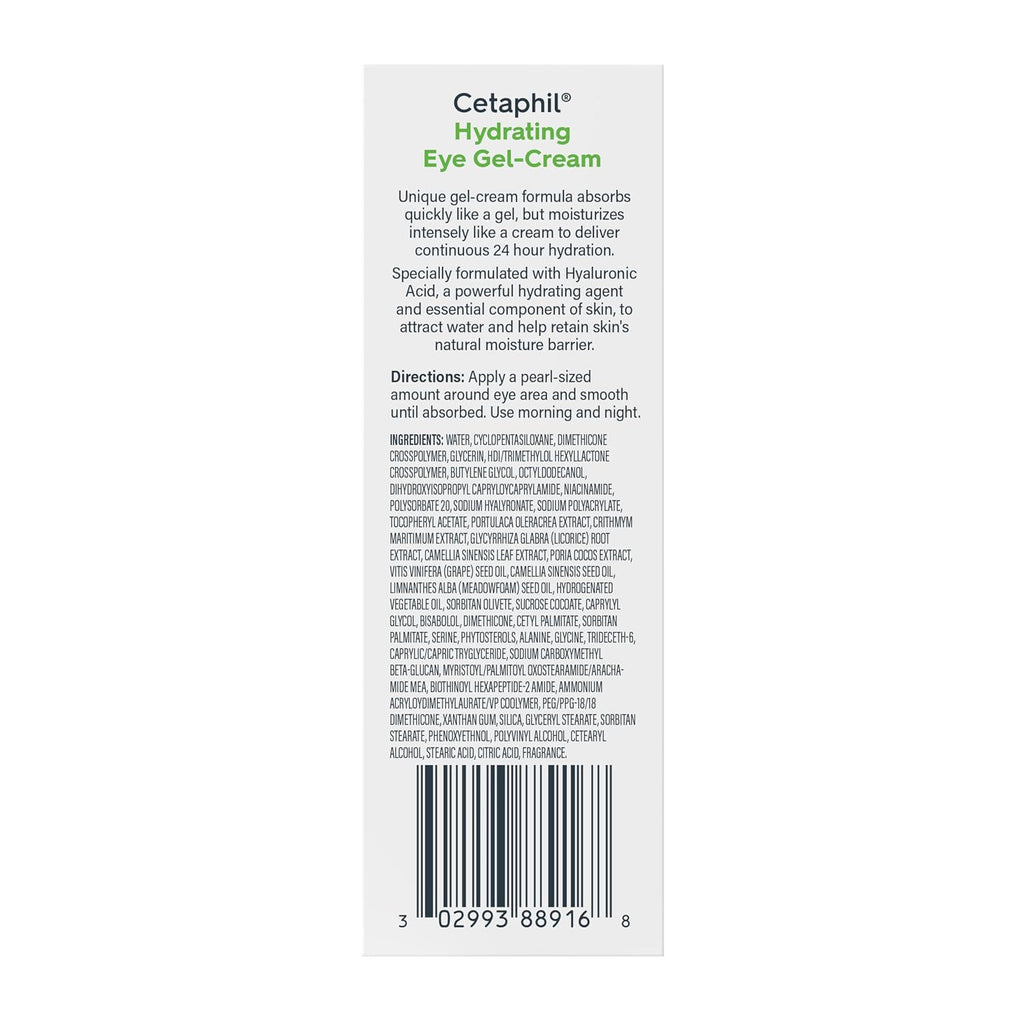 The back of a Cetaphil Hydrating Eye Get-Cream tube, showing product details, directions, ingredients, and a barcode on a white background.