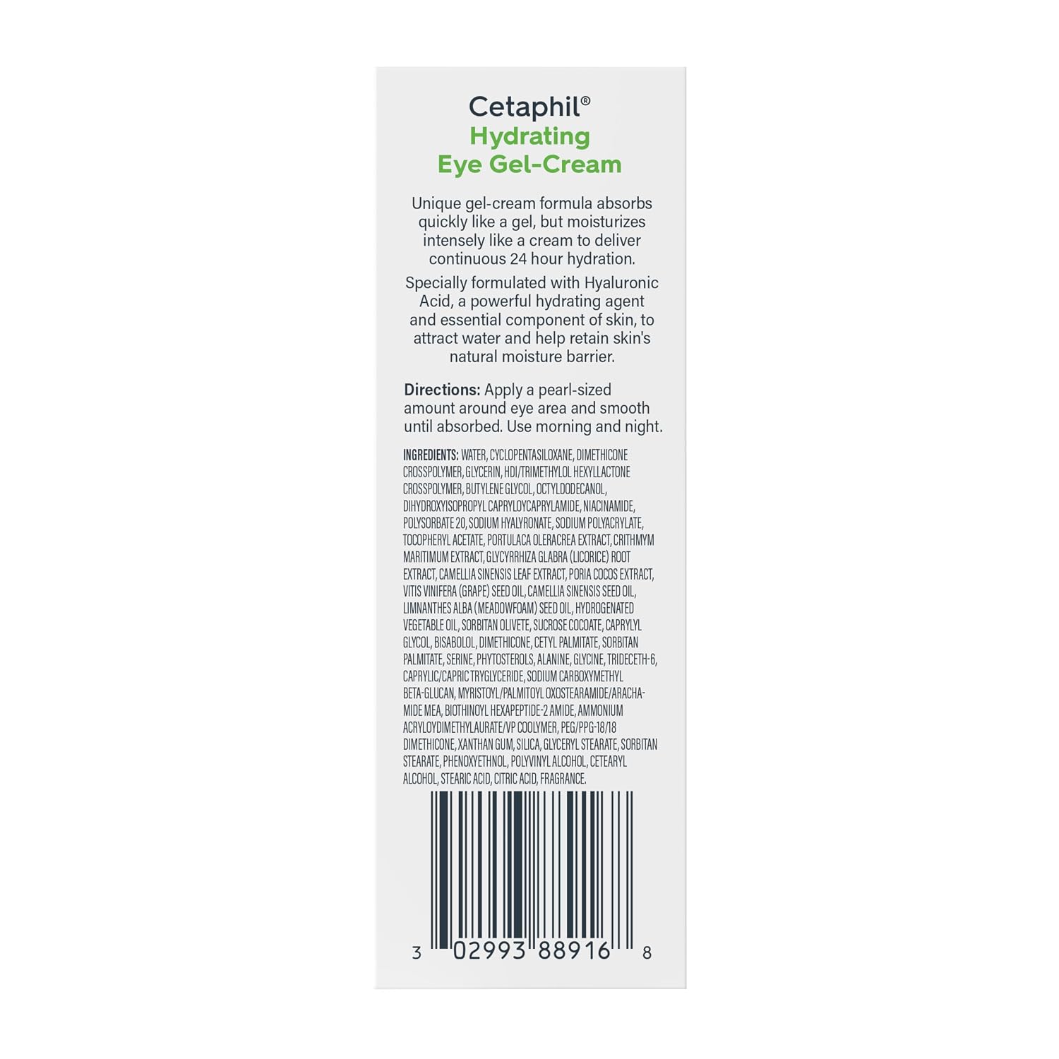 The back of a Cetaphil Hydrating Eye Get-Cream tube, showing product details, directions, ingredients, and a barcode on a white background.