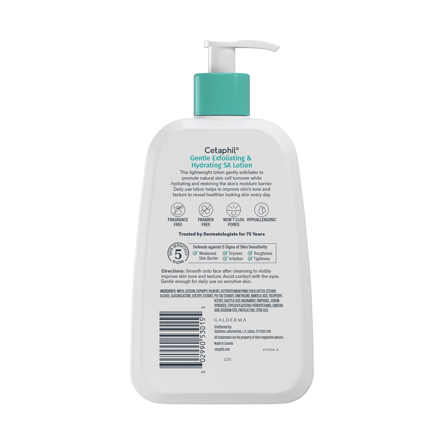 Cetaphil lotion bottle with pump on a white background
