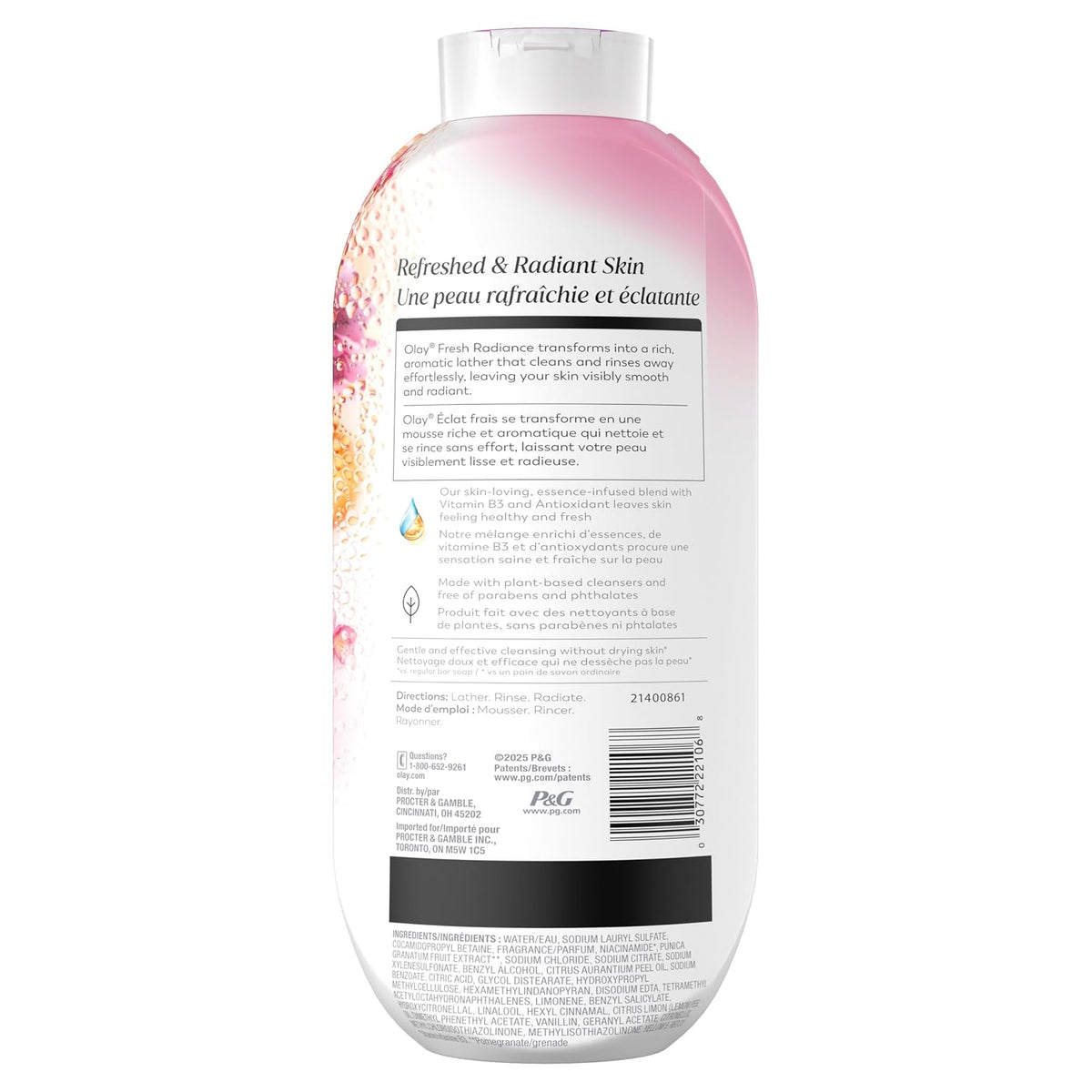 Back view of a shampoo bottle with floral design and text on a white background