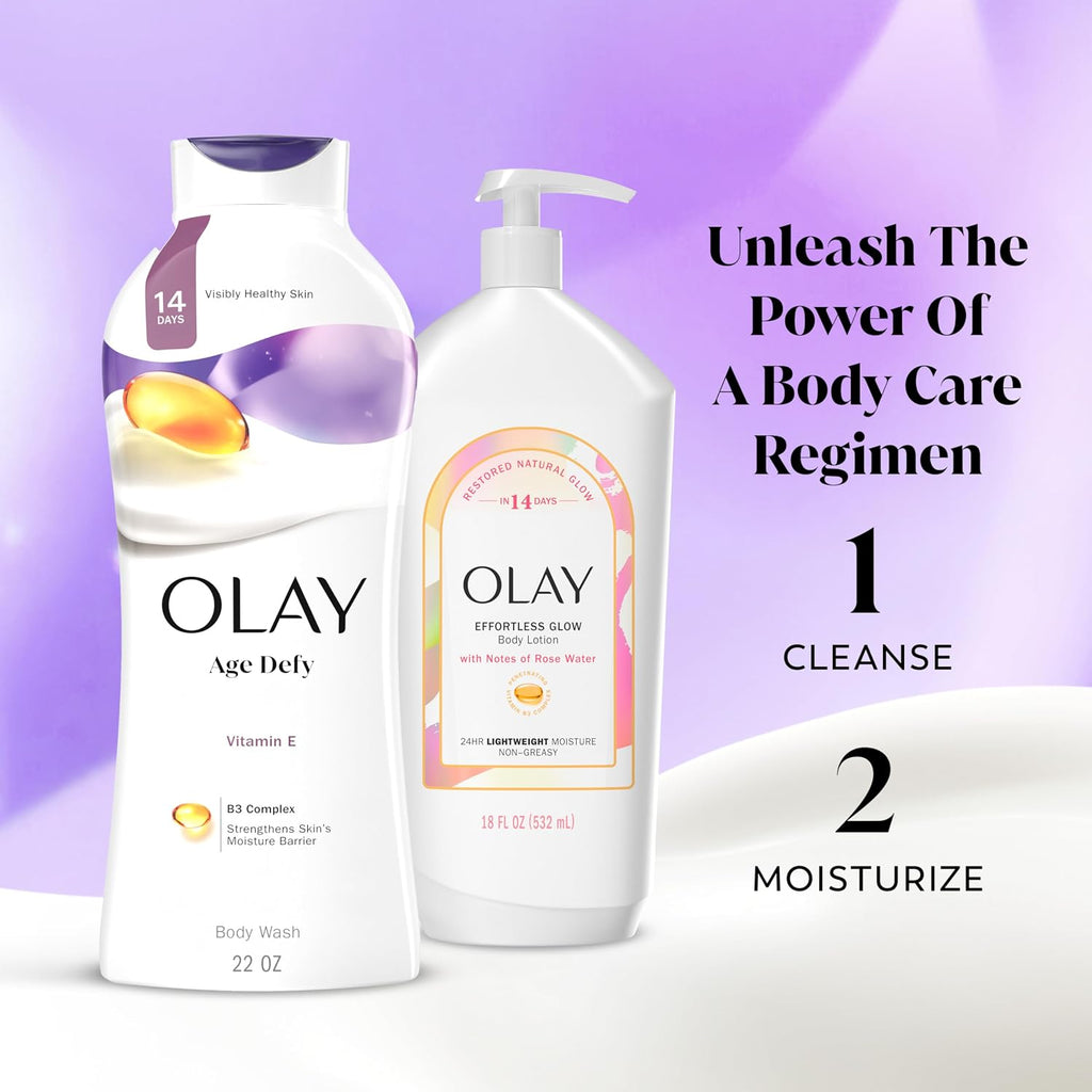 Two Olay body care products on a purple-to-white gradient background with promotional text: Olay Age Defy Body Wash on the left and Olay Emotion Glow Body Lotion on the right, labeled steps 1 Cleanse and 2 Moisturize.