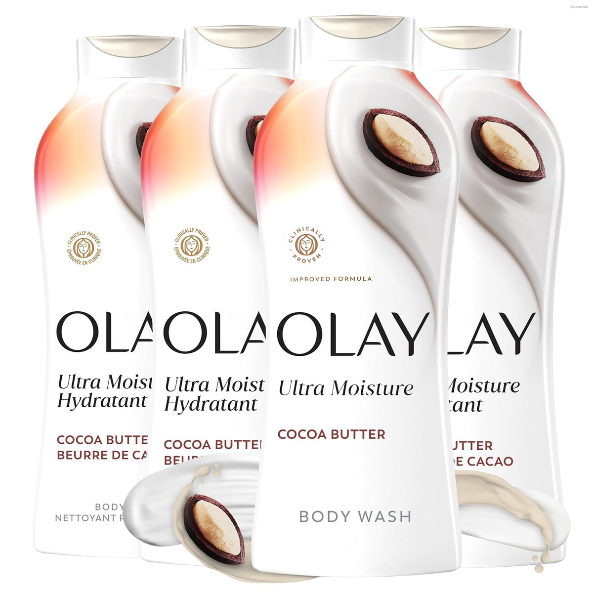Multiple bottles of Olay Ultra Moist Hydratant body wash with cocoa butter on a white background