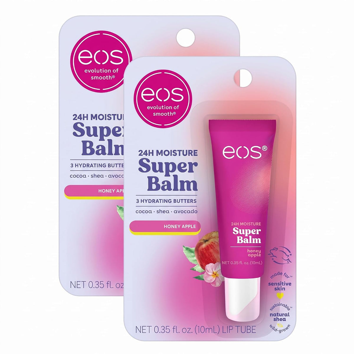 Two EOS 24H Moisture Super Balm lip balm tubes in Honey Apple flavor, with one in its retail blister packaging and one loose tube in front, on a white background.