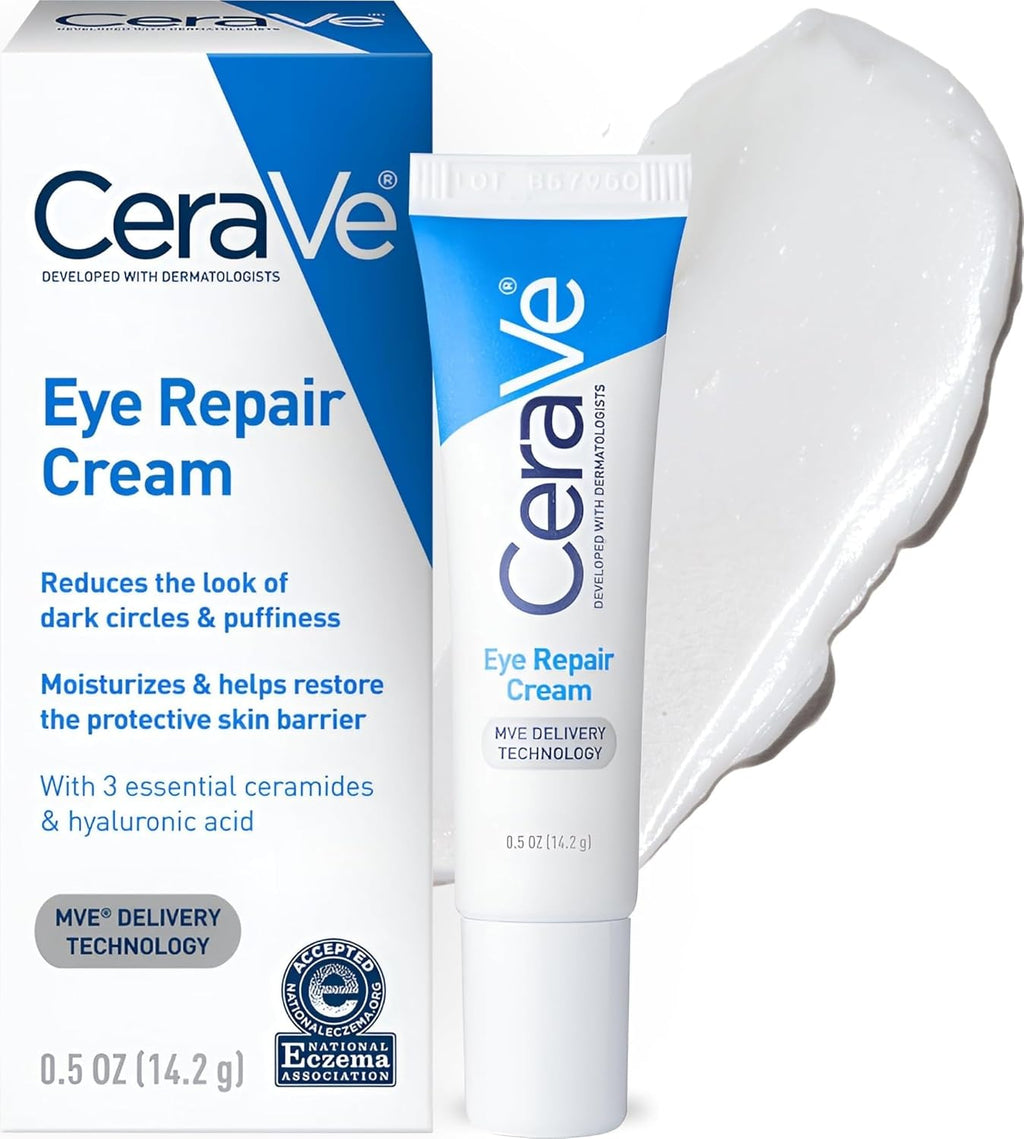 CeraVe Eye Repair Cream shown with its blue and white retail box, a tube of the cream, and a large smear of the white cream on a clean white background.