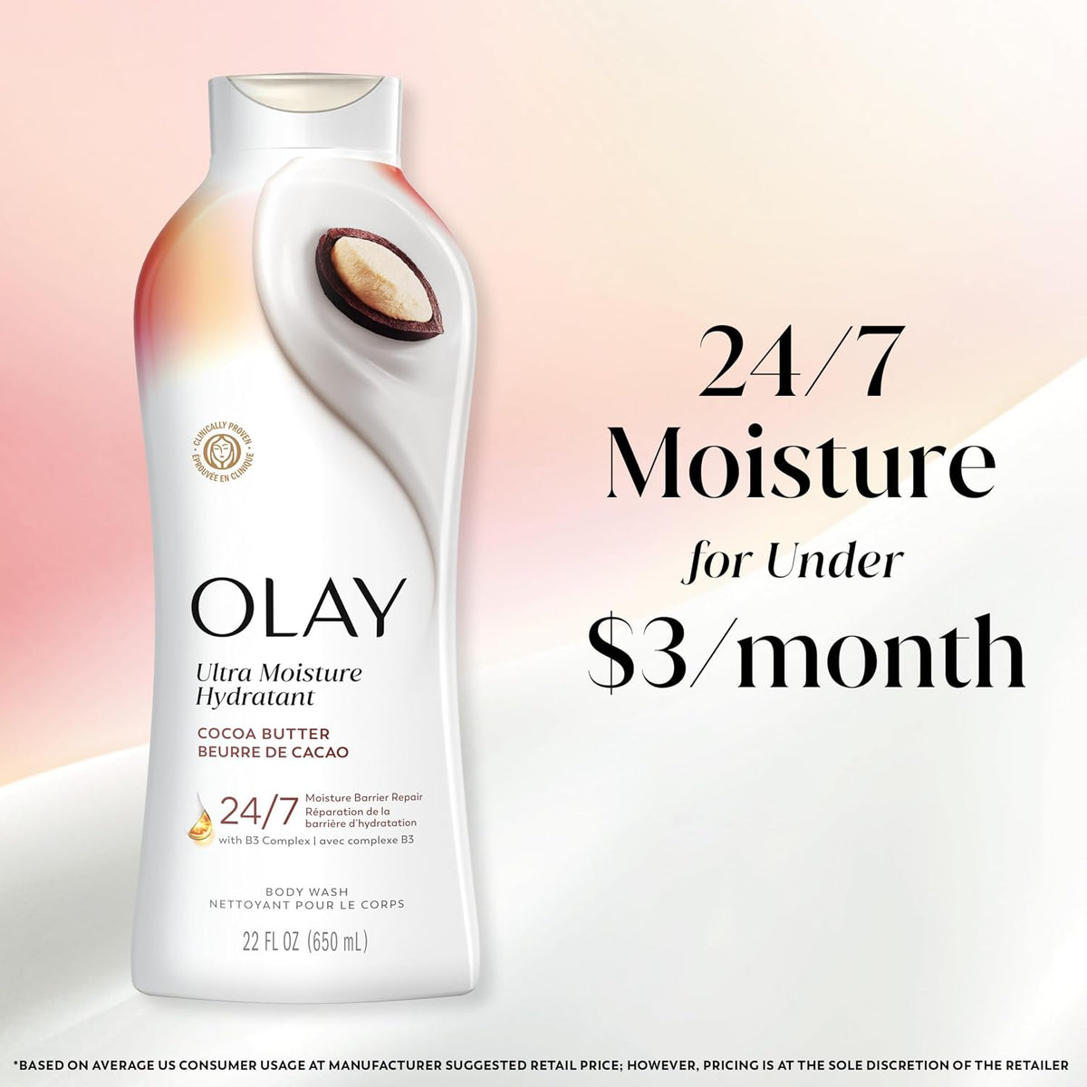 Olay Ultra Moisture hydrating lotion bottle with promotional text on a gradient background