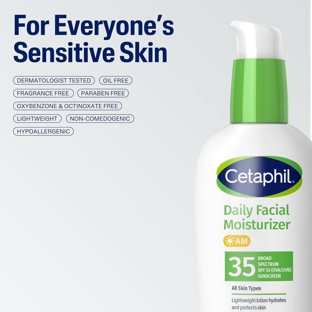Cetaphil Daily Facial Moisturizer bottle with green cap on a light gray background