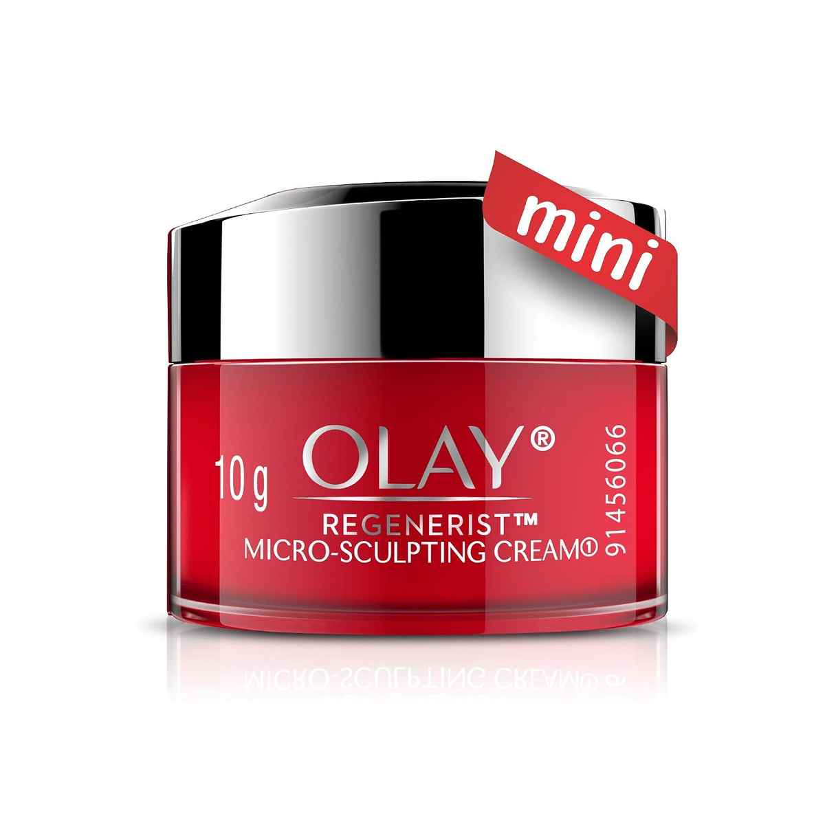 Red Olay Regenerist micro-sculpting cream jar with a mini label on a white background