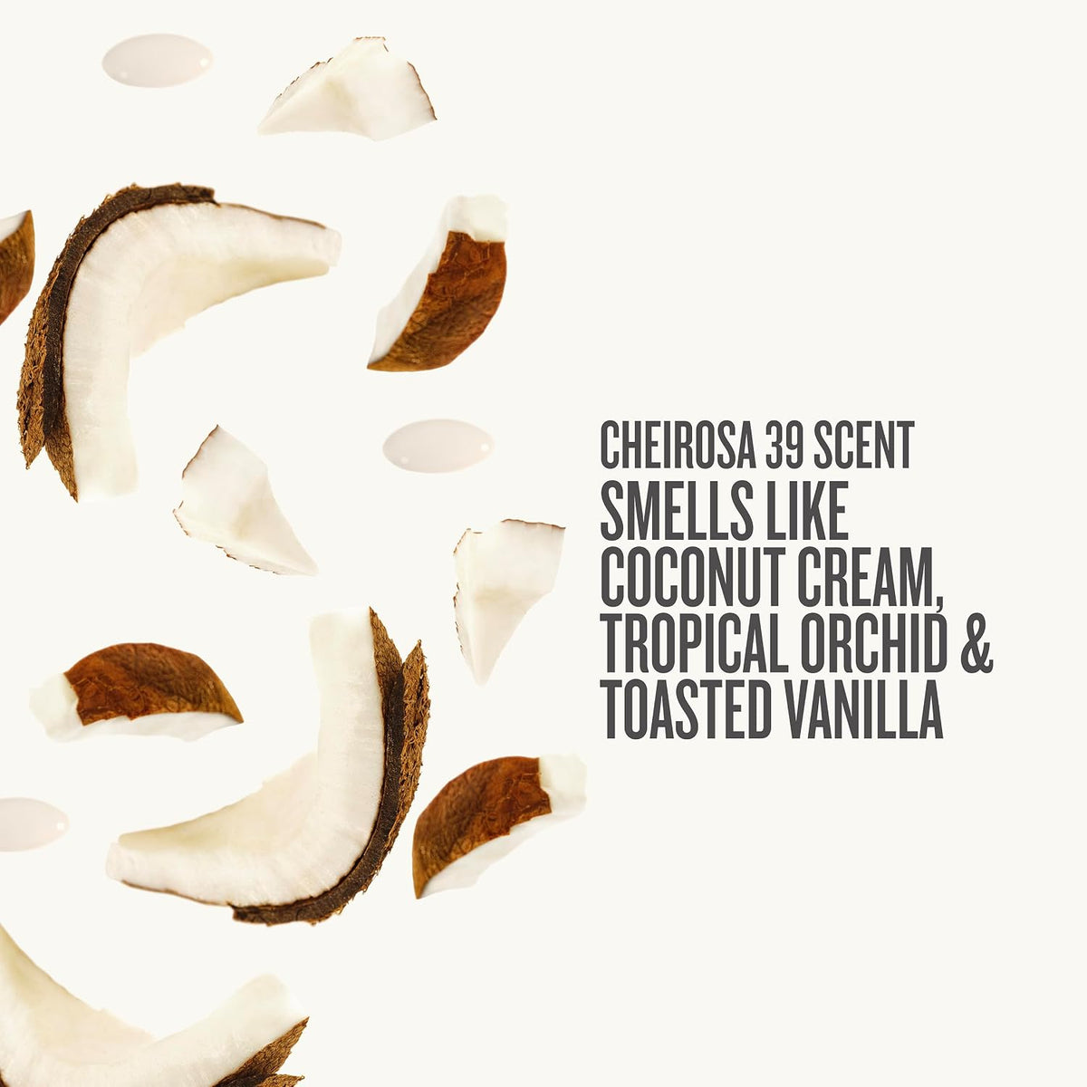 Scent marketing graphic for 'Cheirosa 39' featuring floating coconut halves on a clean off-white background, with dark gray text reading 'CHEIROSA 39 SCENT SMELLS LIKE COCONUT CREAM, TROPICAL ORCHID & TOASTED VANILLA'.
