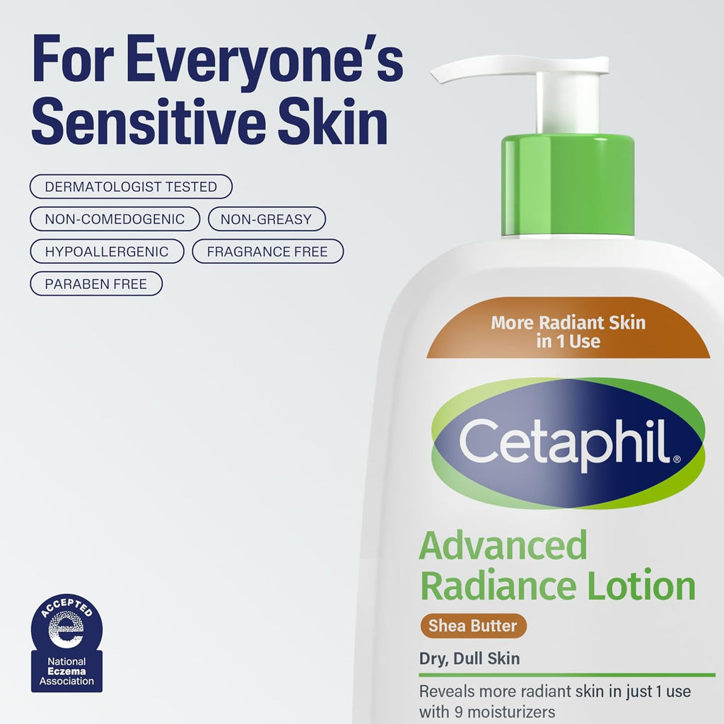 Cetaphil Advanced Radiance Lotion bottle with text highlighting benefits on a light gray background