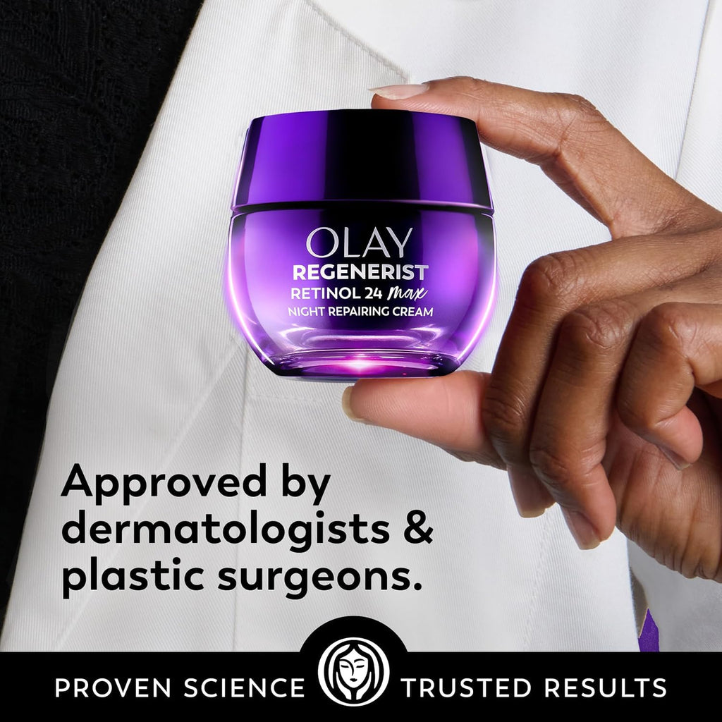 Olay Regenerist cream jar held by a hand with promotional text about dermatologist approval.