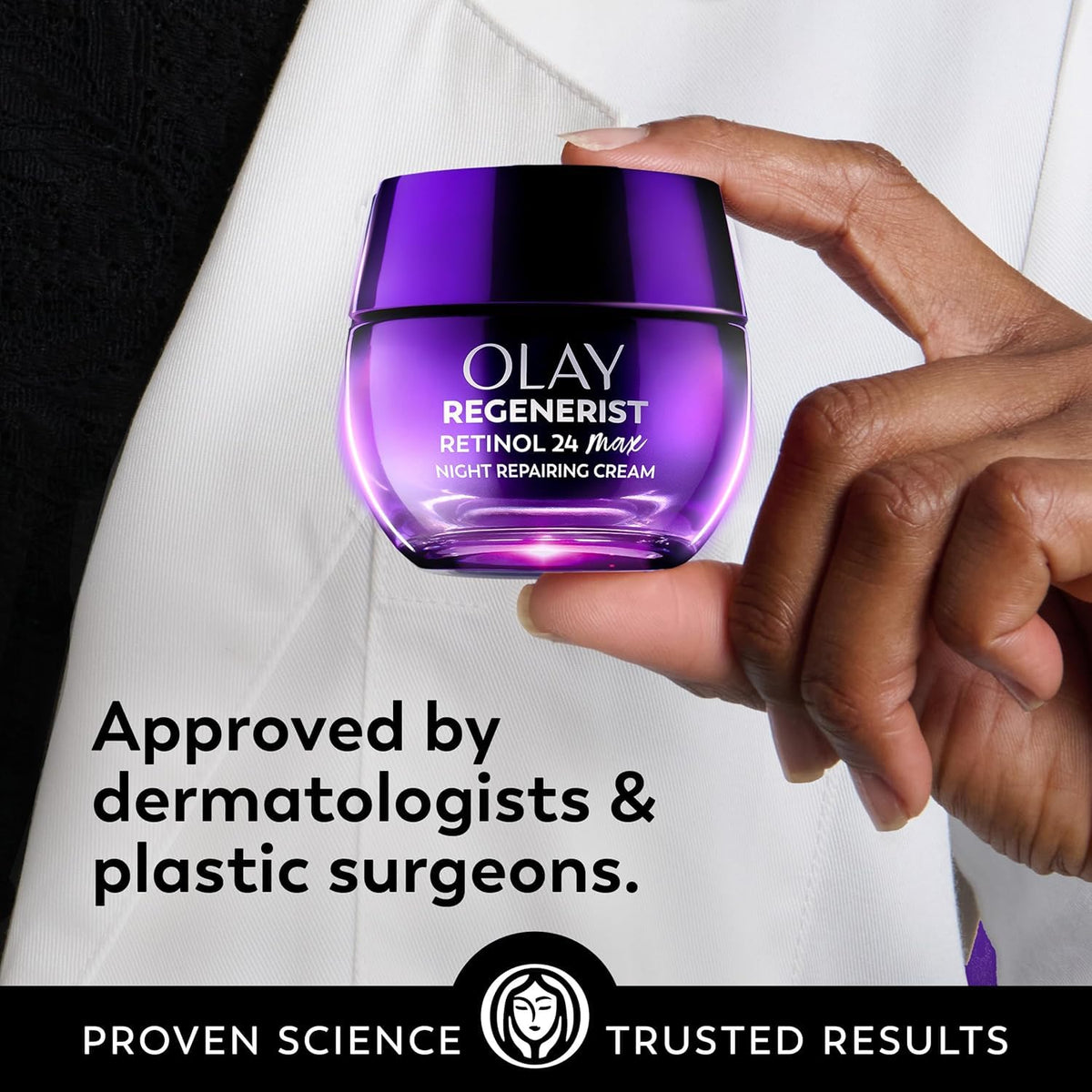 Olay Regenerist cream jar held by a hand with promotional text about dermatologist approval.