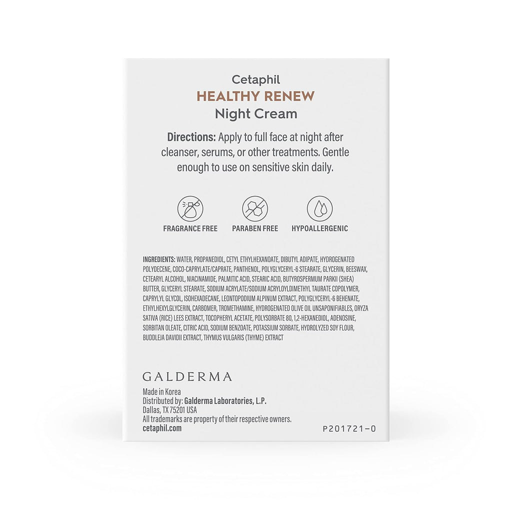 A white rectangular box for Galderma Cetaphil Healthy Renew Night Cream with black text and small brown headings, photographed against a black background.